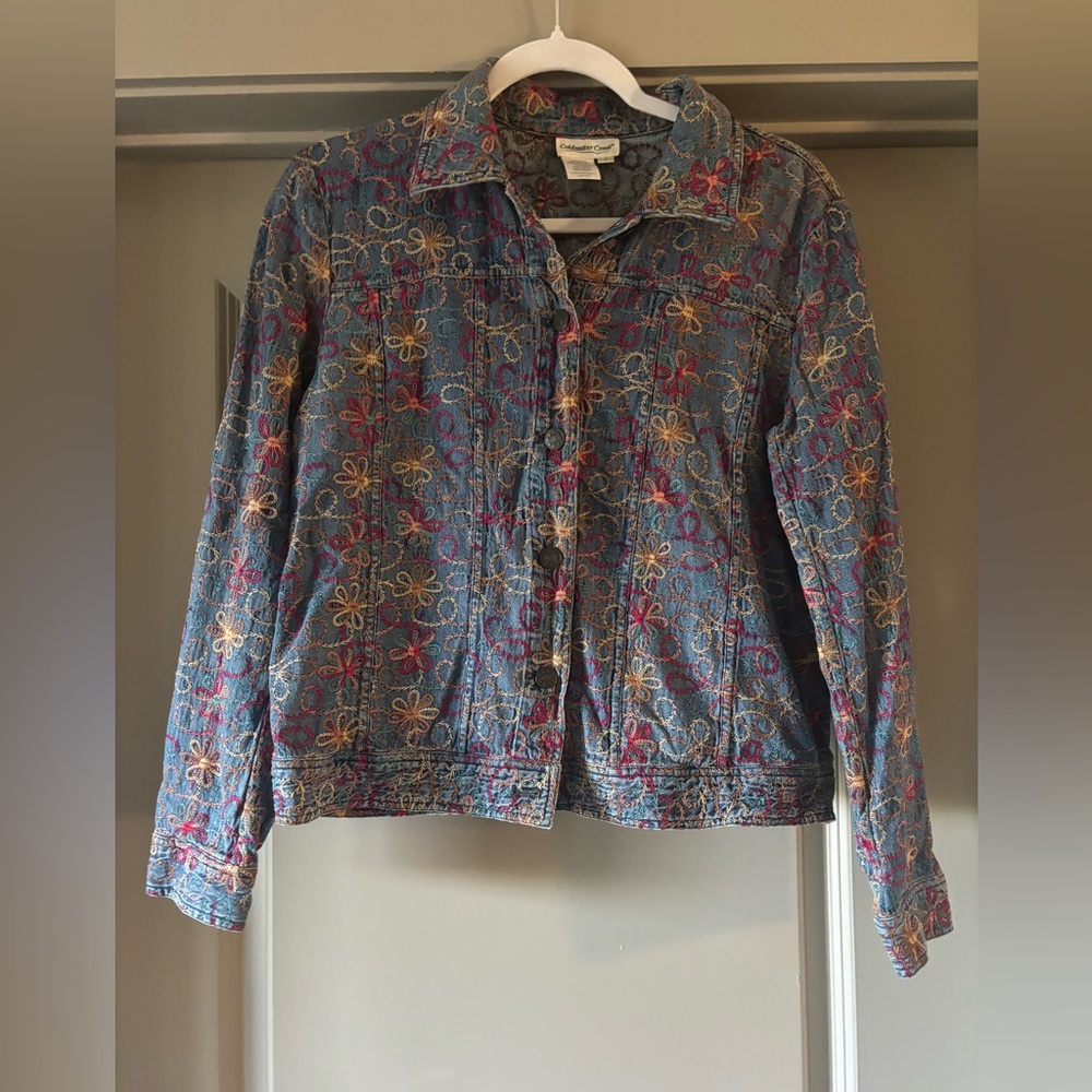 Coldwater Creek Blue Denim Jacket with Multicolor Embroidery